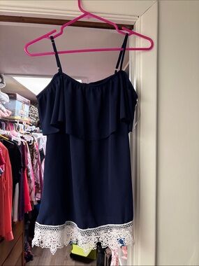 No Boundaries Navy Blue Spaghetti Strap Blouse with White Crochet Hem